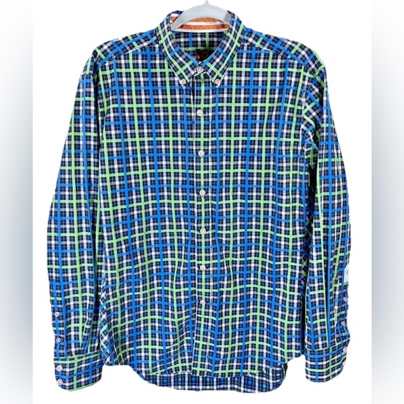 Robert Graham X Mens Medium Tailored Fit Flip Cuff Button Shirt Green Blue Plaid - Picture 1 of 9